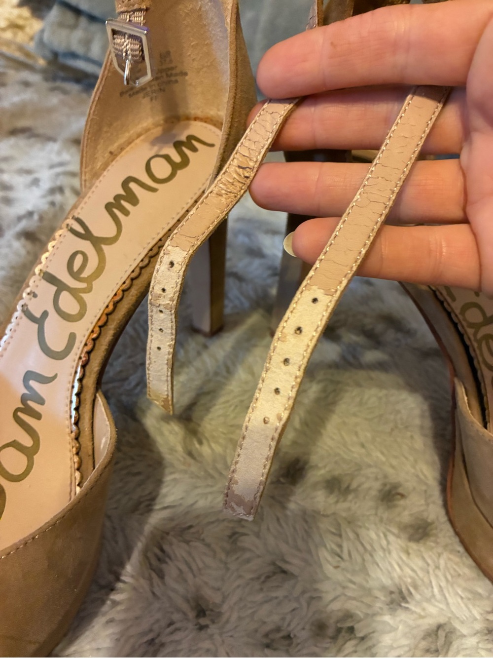 Sam Edelman Tan Suede Peep-Toe Ankle Strap Stiletto Heels- Size 7 1/2 - Picture 9 of 16